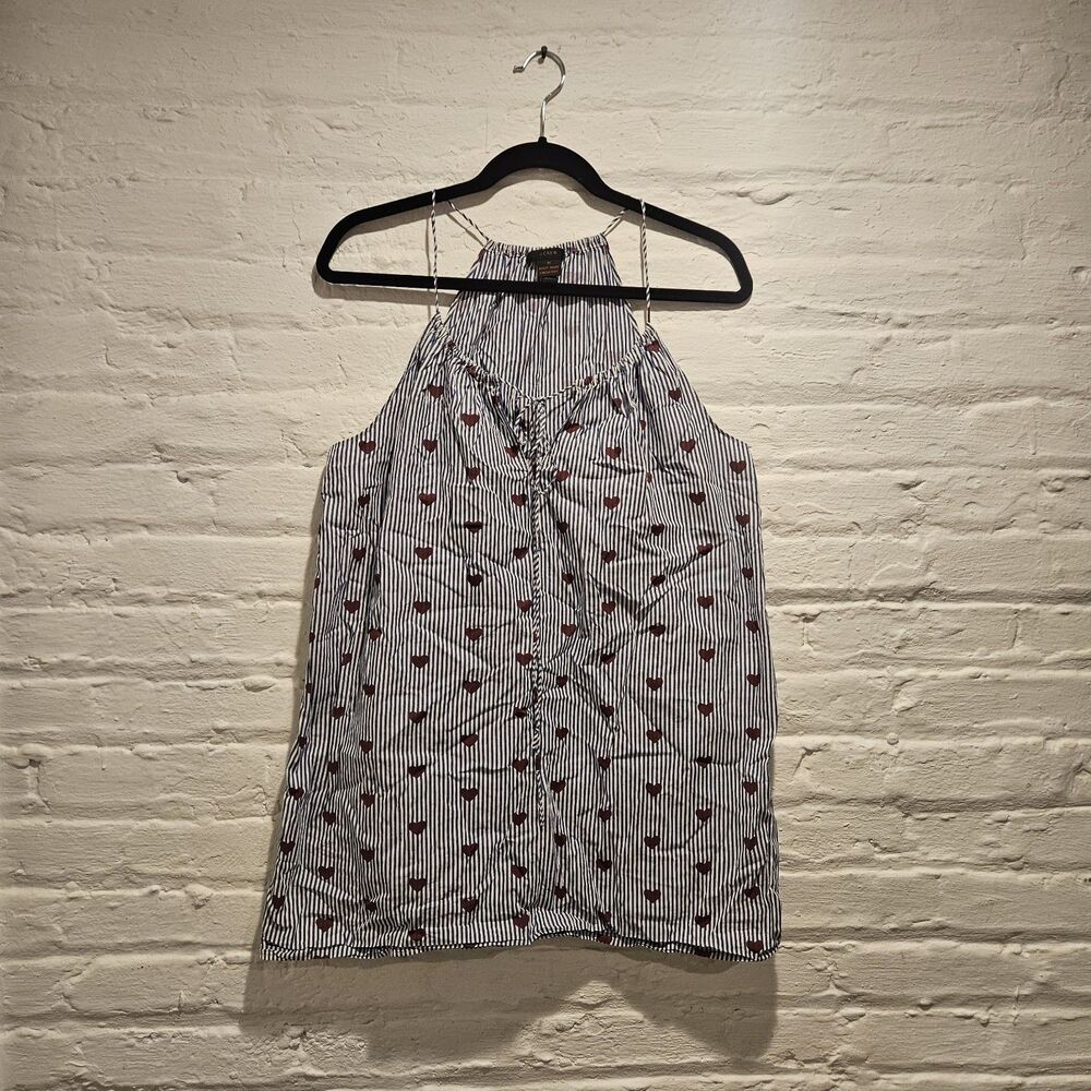 J. Crew Pajama PJ Nightgown Linen Cotton Blue White Stripes Red Hearts, Size M